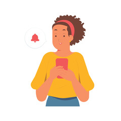 Receiving notification on phone with pleased expression, new messages concept illustration