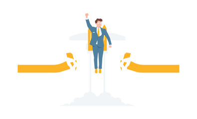 Overcoming challenge obstacle, businessman take off flying upwards breaking through barriers concept illustration