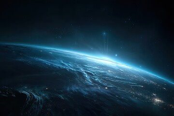 Fototapeta premium Earth rising, vibrant sunrise from space. Vast dark space, streaked with stars, surrounds a detailed blue-toned Earth, showing landmasses and oceans, with a brilliant sunrise illuminating the horizon