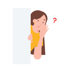 Curious woman peeking behind wall, hearing, whispering, and listening to gossip hidden information concept illustration