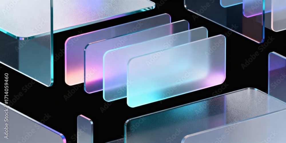 Poster abstract 3d glass panels with neon gradient light, floating frosted rectangles on black background f