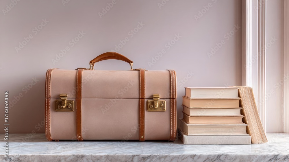 Poster beige-colored suitcase with a handle and two gold-colored lockers on the front. the suitcase is plac