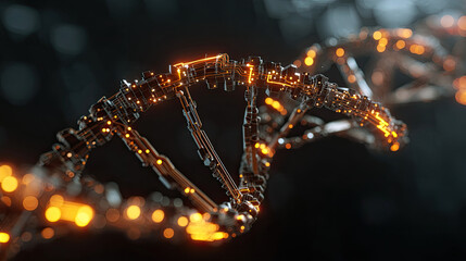 Close-up view of a vibrant glowing DNA strand as a digital circuit