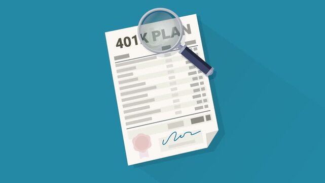 Animation loop of a magnifying glass analyzing a 401k plan on a blue background with a long shadow in a flat design style (landscape)