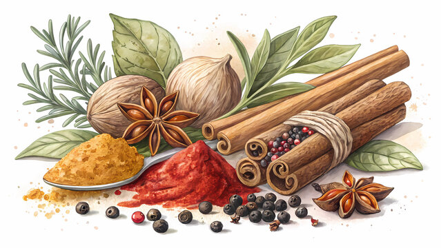Watercolor illustration of spices cinnamon star anise nutmeg turmeric rosemary and pepper for cooking 100 - Powered by Adobe