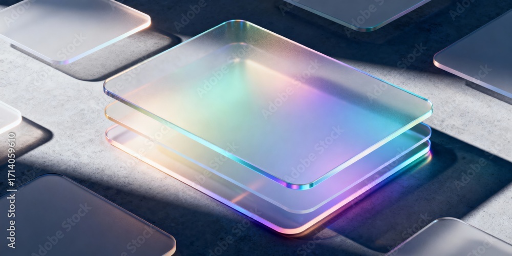 Poster futuristic glass layers with rainbow light reflection on concrete surface, 3d render of stacked tran