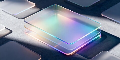 Futuristic glass layers with rainbow light reflection on concrete surface, 3d render of stacked translucent panels with neon gradient glow and soft shadows for technology and ui design concept