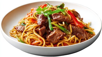 Delicious beef noodle stir-fry with peppers, garnish, served in a white bowl