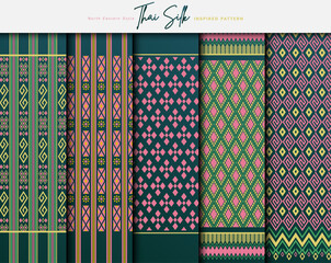 Set of 5 Colorized seamless background pattern. Inspired by North Eastern (Isaan) style Thai silk with traditional color tone.