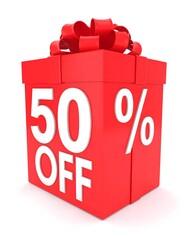 Red gift box with 50% off sale