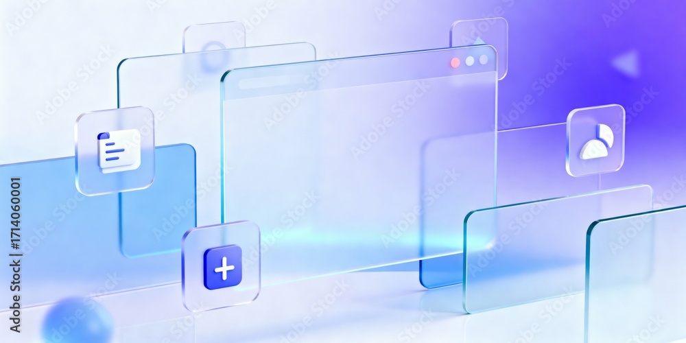 Poster ui, dashboard and app interface with 3d glass panels and icons on gradient background for software d