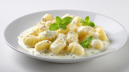 Creamy gnocchi dish with fresh mint on a white plate, simple background