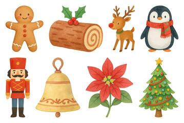 Fototapeta premium PNG Festive holiday cartoon illustrations, element set on transparent background