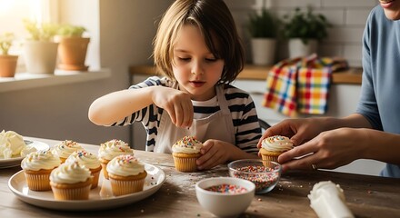 Child decorating cupcakes with sprinkles, assisted by an adult in a kitchen setting.