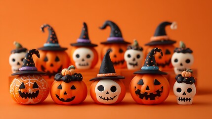 Adorable spooky pumpkins with charming scary smiles, mini skulls, flickering candles, and witch hats on orange