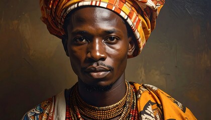 Obraz premium Close-up portrait of a man adorned in vibrant traditional African attire, showcasing intricate patterns and rich colors against a textured backdrop.