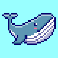 Adorable and cheerful whale character in a retro pixel art style. This 8-bit illustration of the giant marine mammal is perfect for ocean-themed project or a mascot for an aquarium