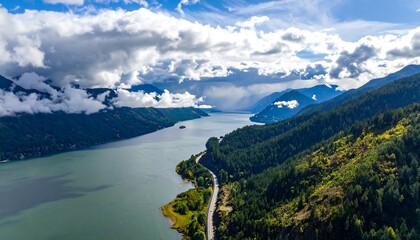 A high-altitude, panoramic view of a winding river flowing through a lush valley between forested mountains under a partly cloudy sky.