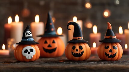 Funny pumpkins with cartoon scary faces, tiny skulls, candlelight, and witch hats on orange