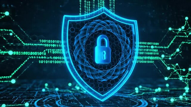 Cybersecurity shield with digital lock and data protection 
 - Powered by Adobe