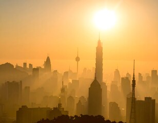 City skyline at sunrise, hazy atmosphere