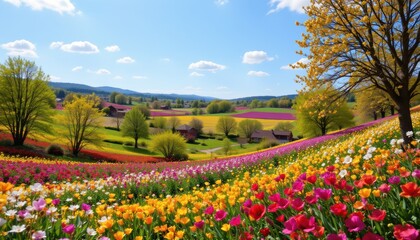 Fototapeta premium beautiful, colorful spring landscape background with a clear sky, subject at the top with plenty of empty space below for copy text.