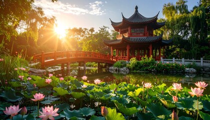 Sunrise over a tranquil Chinese garden with lotus flowers