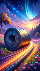 A large spool of vibrant, glowing wire unwinds across a picturesque landscape under a starlit sky, filled with colorful wildflowers and a tranquil mood.