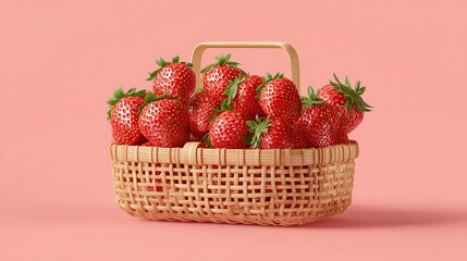 A wicker basket overflowing with ripe strawberries sits on a pink background