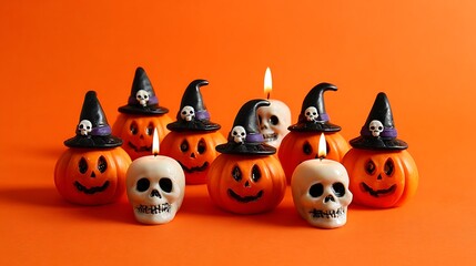 Adorable pumpkins with silly spooky grins, small skulls, candles, and witch hats on orange