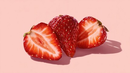 Three halved strawberries on a pink background