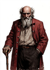 Old school fantasy RPG artwork of a nomadic caravan elder with bald head, tufts of gray hair and long crimson coat with silver buttons, tribal patriarch character for tabletop roleplay