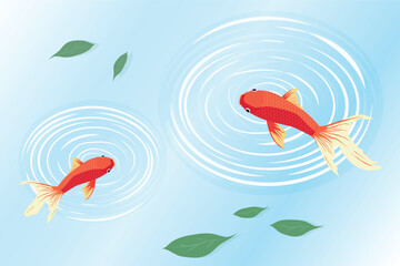 Two red goldfish swimming in a pond with ripples and floating leaves against a light blue background