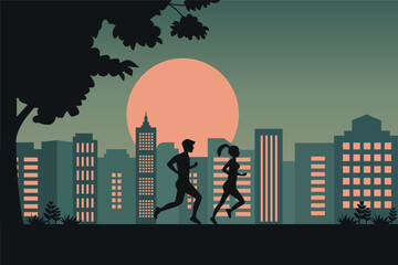 Silhouettes of runners enjoying a peaceful evening jog in the city