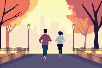 The couple enjoy a refreshing jog through the park, surrounded by vibrant autumn leaves and city buildings