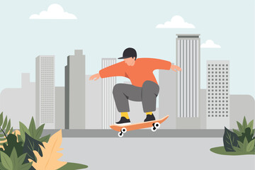 Skateboarder performing a trick in an urban setting with tall buildings