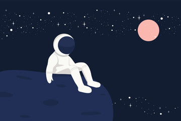 Astronaut sitting on a moon-like surface, gazing at a planet with stars in the dark sky