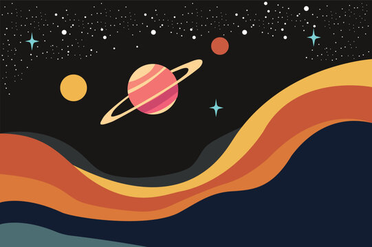 The ringed planet hovered on colorful wavy lines against a dark sky surrounded by twinkling stars