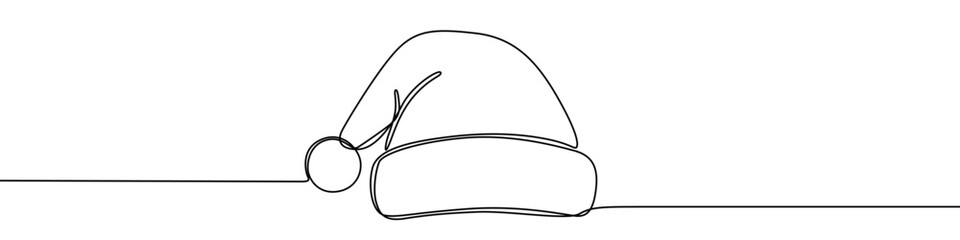 Santa Claus hat in one line art style. Christmas hat drawing with editable black stroke on white background. Vector illustration.