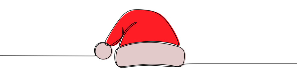 Santa Claus hat in one line art style. Christmas hat drawing with editable black stroke on white background. Vector illustration.