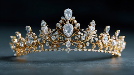Ornate Gold Tiara with Elaborate Filigree and Teardrop-Shaped Gems on Dark Gray Surface