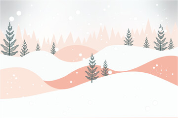  Winter landscape with snow-covered hills, evergreen trees, and falling snow against  in a peaceful winter