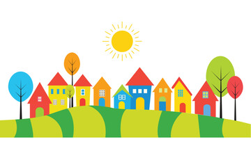 The village with colorful houses dotting the green hills and a sun in the sky