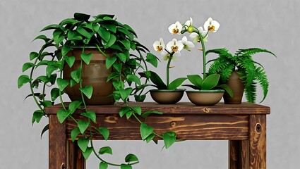 Collection of lush green houseplants and orchids on a rustic wooden table