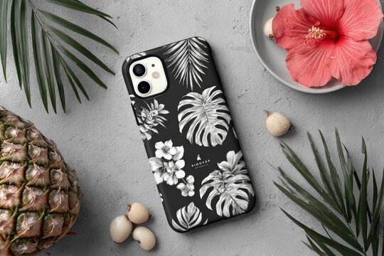 Black phone case with tropical print, surrounded by tropical elements