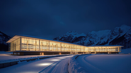 Davos Congress Centre dramatically illuminated against night sky. Illuminated conference center in night Davos.