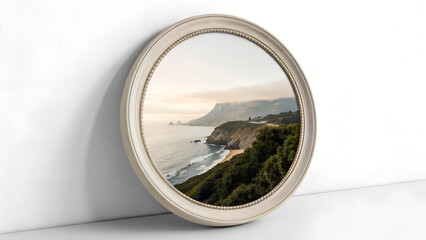 Coastal landscape reflection in round vintage mirror on wall  