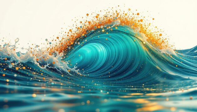 create a digital artwork featuring a dynamic abstract background with a wave posed of dots and particles in a turquoise tone