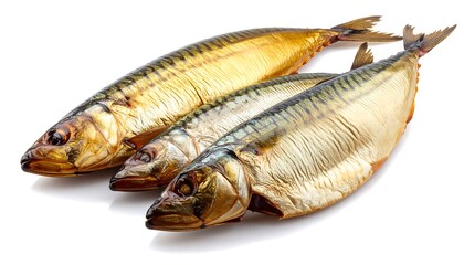 Three whole smoked mackerel are displayed against a plain white background, showcasing their golden-brown, slightly textured skin and dark, patterned scales.