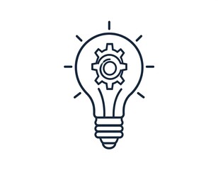 A simple, outlined lightbulb with a gear inside symbolizes innovative problem-solving.